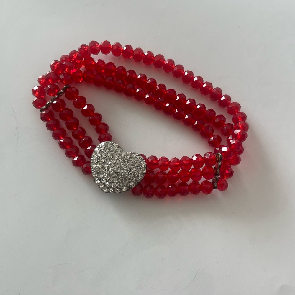 Crystal Heart Red Beaded Bracelet